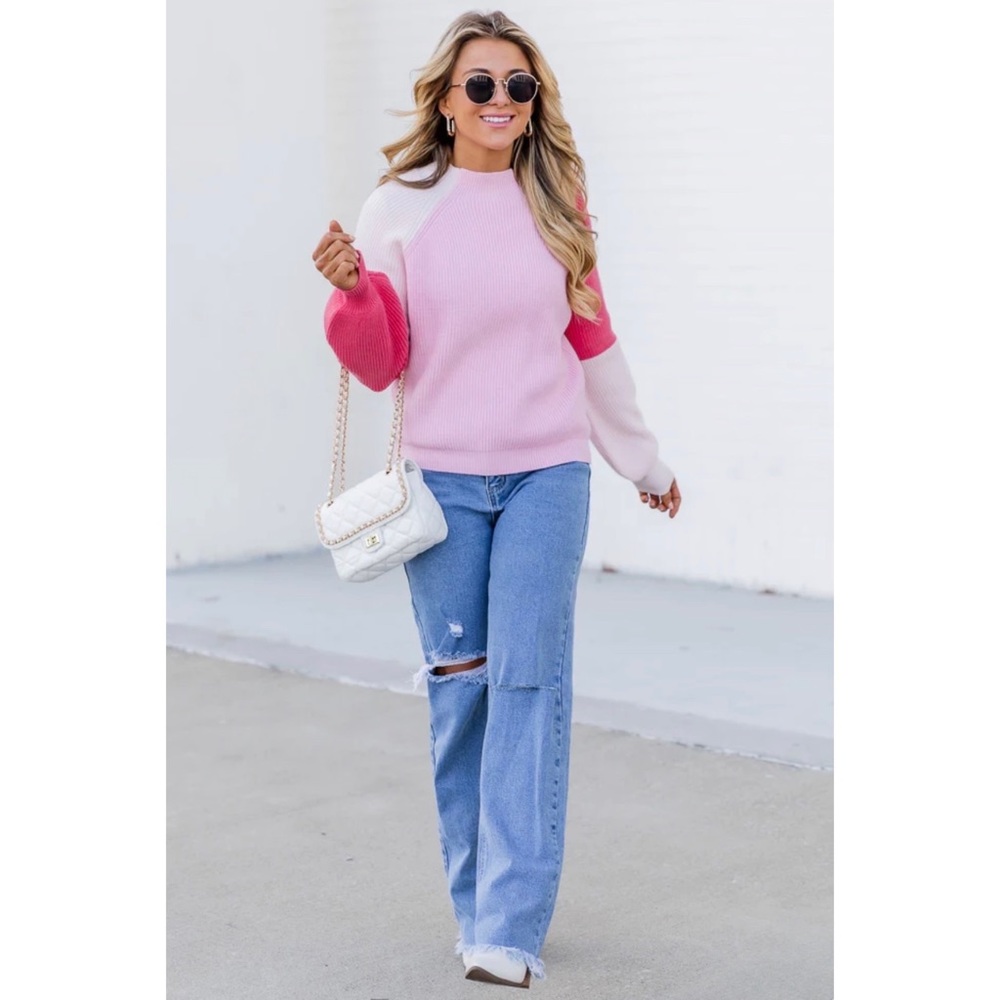 Cant Move On Pink Colorblock Sweater